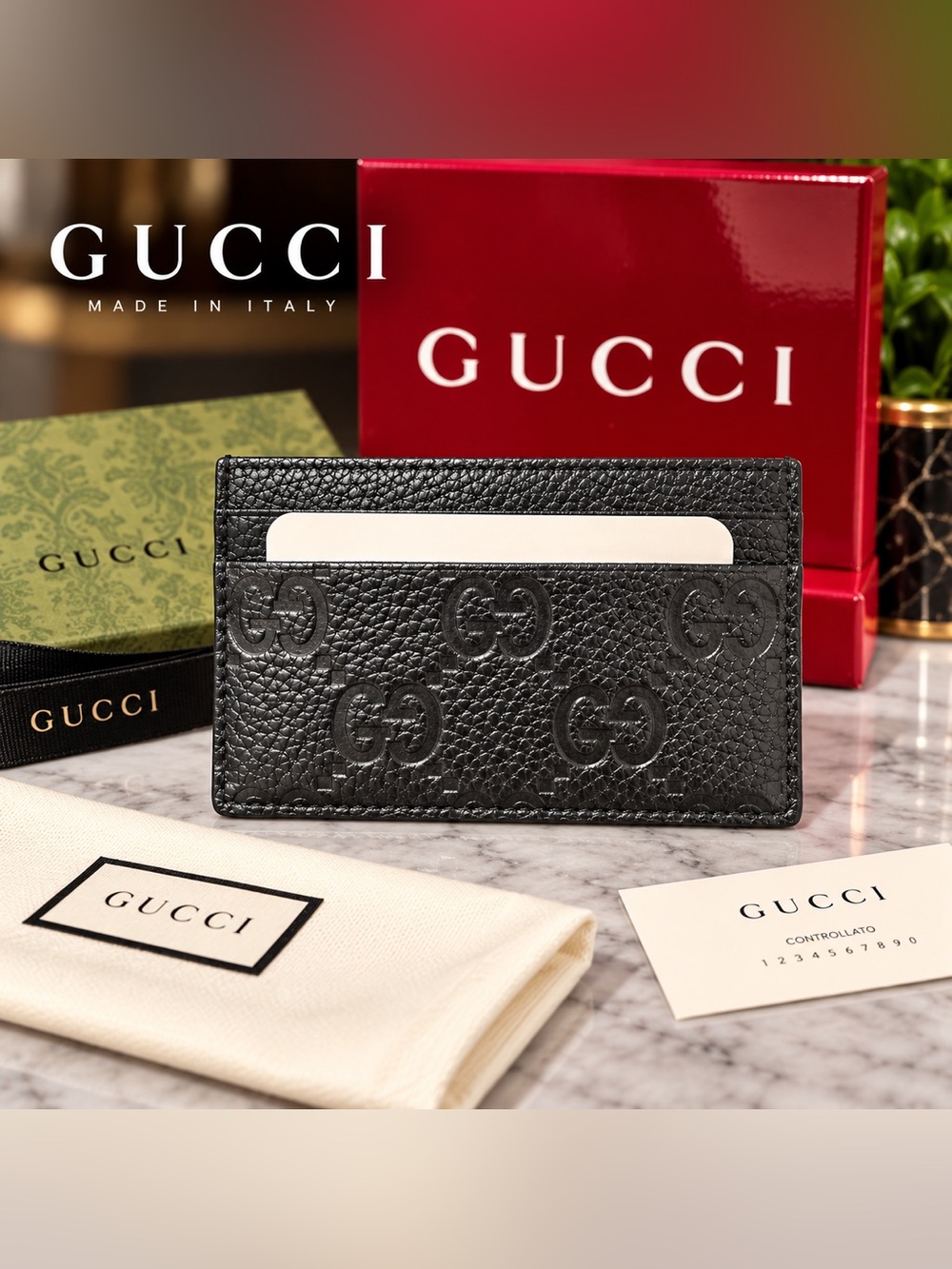 Gucci Black Embossed GG Leather Card Holder